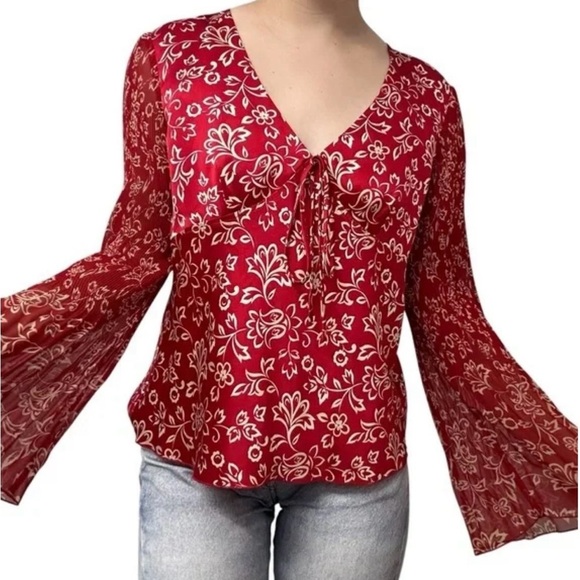 INC Y2K Blouse Flare Sleeve Whimsigoth Boho Silk Red Floral Fairy Size 8 - Picture 4 of 14